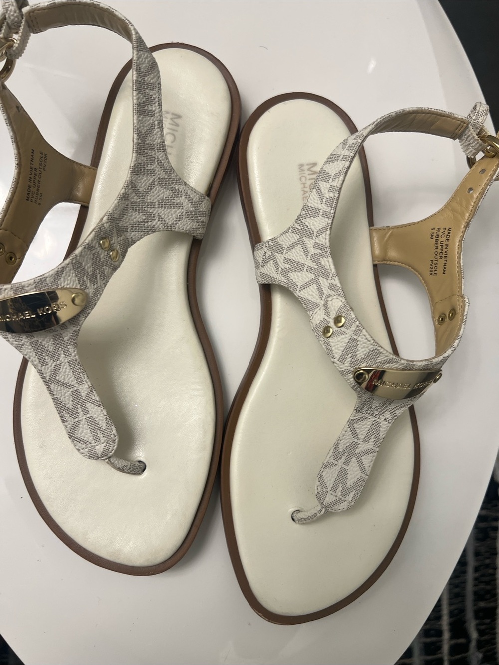 Michael Kors White Logo T-Strap Sandals with Gold Accents